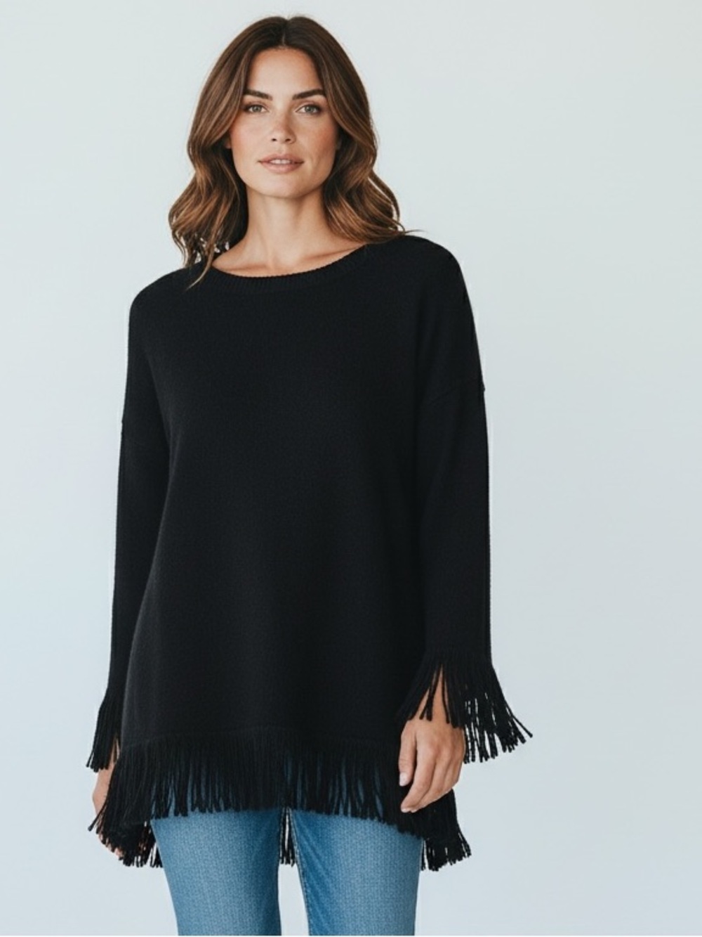 Joan Rivers ladies, long sleeve crewneck black sweater with fringe NWOT XL.